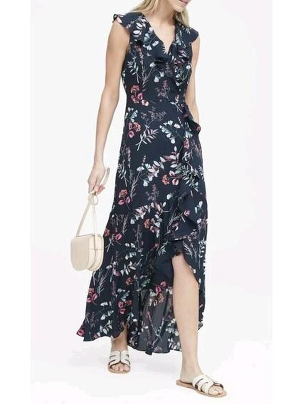 Banana Republic Navy Floral Ruffle-Trim High-Low Maxi Dress